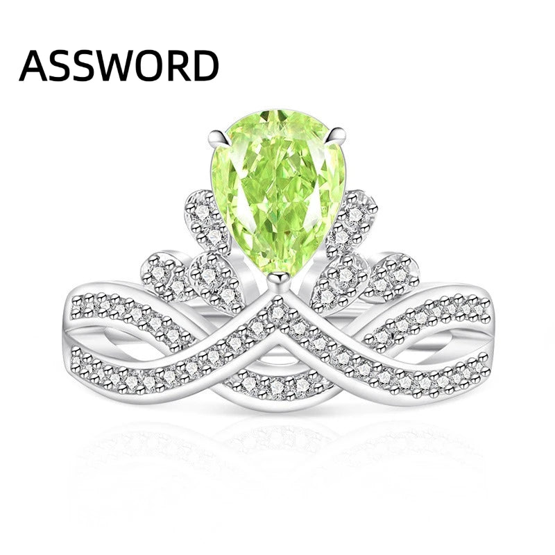 925 Sterling Silver Crown Teardrop Ice Flower Cut Cubic Zirconia Ring Twisted Split Shank Wedding Jewelry Gift for Women