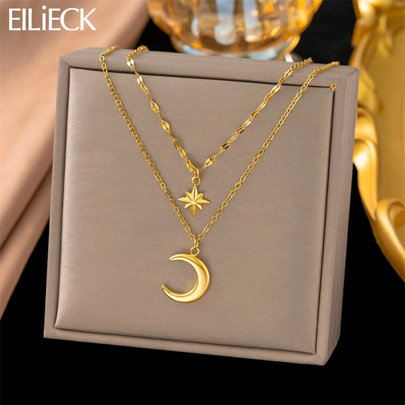 EILIECK Women's Retro Star Moon Pendant Necklace 18K Gold PVD Plated Stainless Steel Waterproof Layered Neck Chain Daily Jewelry