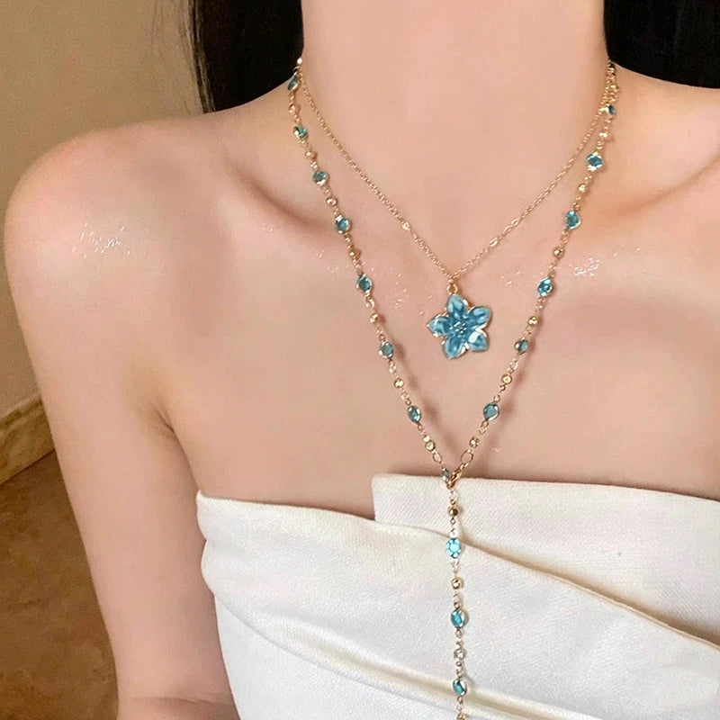 2Pcs/Set Pink Flower Pendant Crystal Gold Color Chain Stacking Choker Clavicle Chains Necklace Sets For Women Charm Neck Jewelry