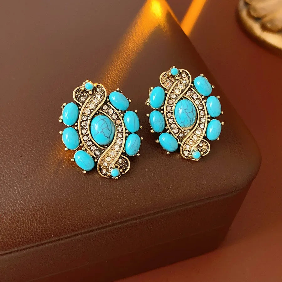 1/2 Pcs Vintage Cross Blue Oval Pendant Neckalces Women Mediaeval High-End Dangle Earrings Statement Banquet Jewelry Sets N