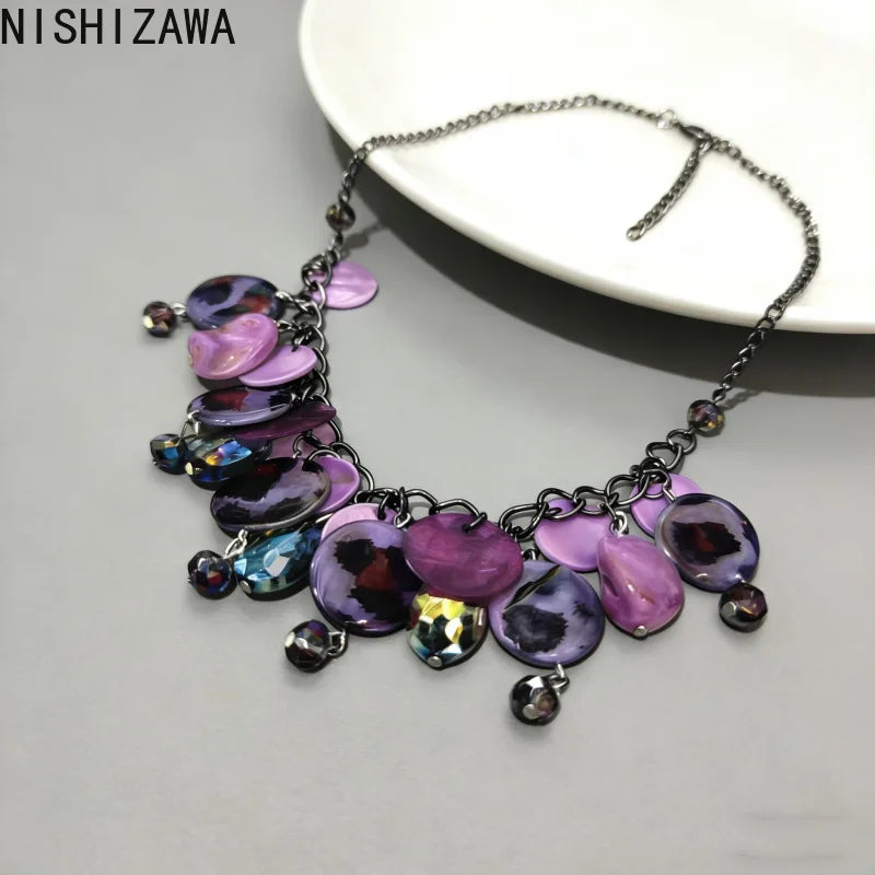 NISHIZAWA Y2k Purple Necklaces for Women Tassels Vintage Chokers Jewelry Beach Style Fashion Collares Para Mujer