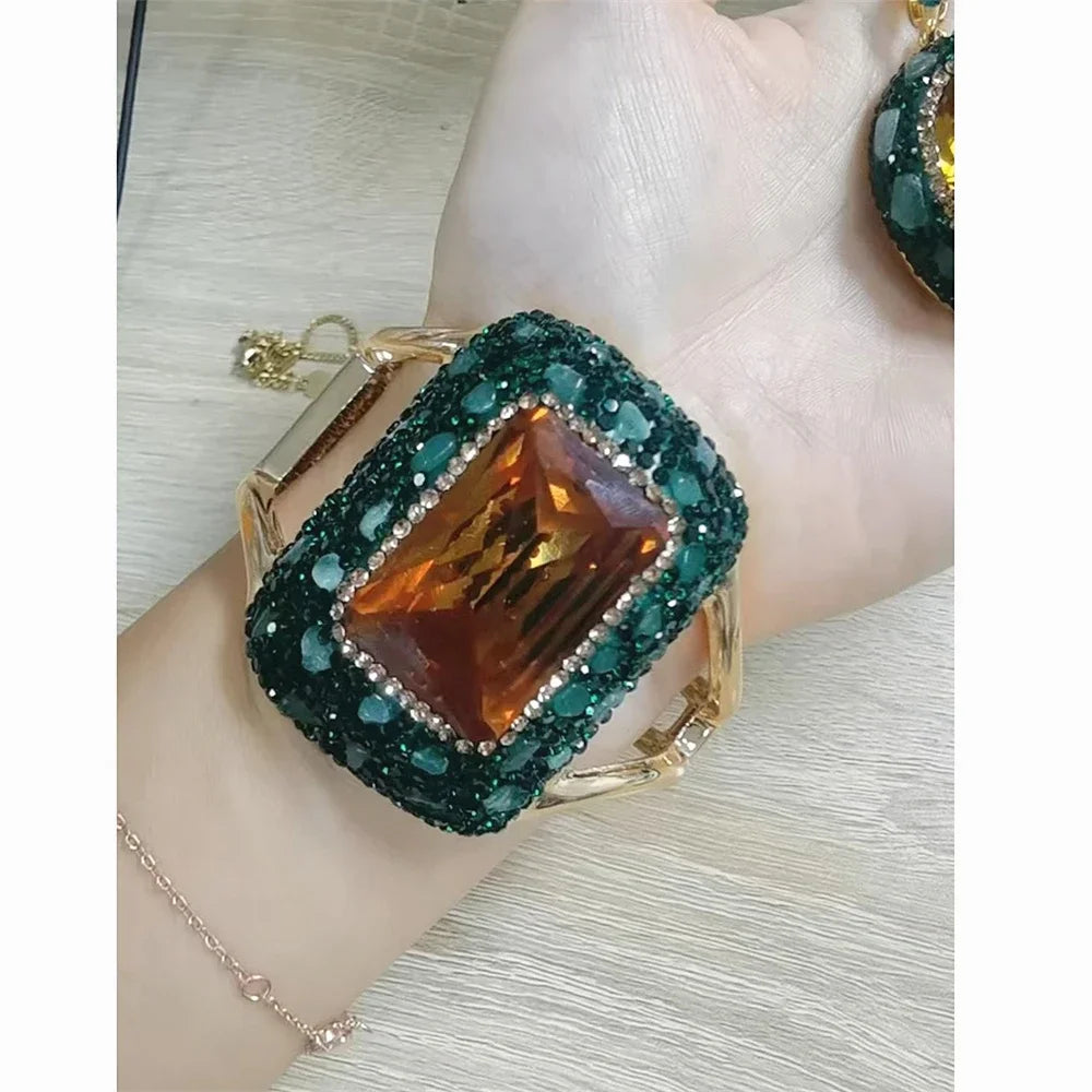 Round Colored Change Sultanite Crystal Bangle Rings Sets for Women Necklace Earring Rings Golden Green Zultanite Quartz Jewelry