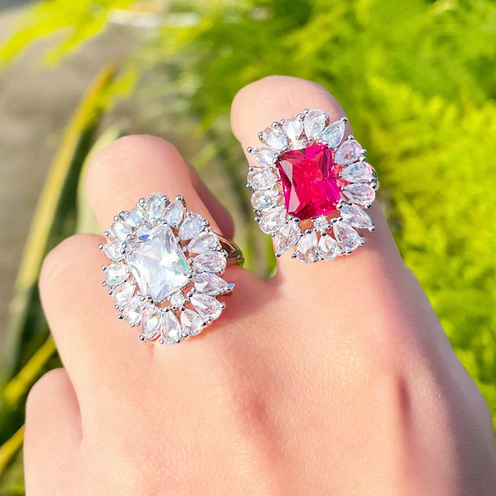 ThreeGraces Luxury Green Purple Cubic Zirconia Silver Color Adjustable Size Wedding Engagement Ring for Women Chic Jewelry R168