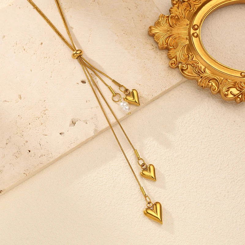 EILIECK Women's Heart Long Pendant Y-shaped Necklace 18K Gold-plated Stainless Steel Neck Chain Daily Water-resistant Jewelry