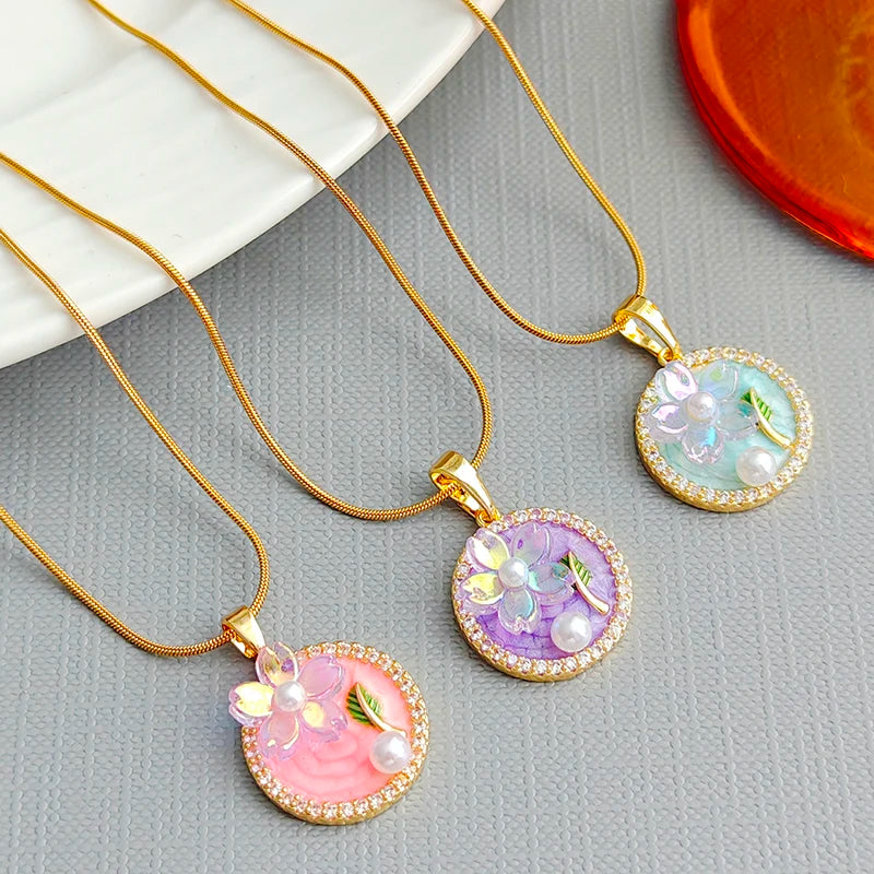 ANENJERY 316L Stainless Steel Pink Blue Round Card Flower Necklace For Women Glamorous French Lady Jewelry Gifts Wholesale