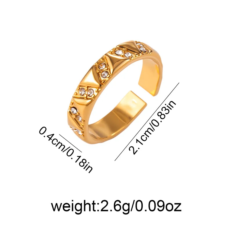 ANENJERY 316L Stainless Steel Hollow Round Hexagon Zircon Open Ring For Women Simple Luxury Temperament Jewelry Gifts
