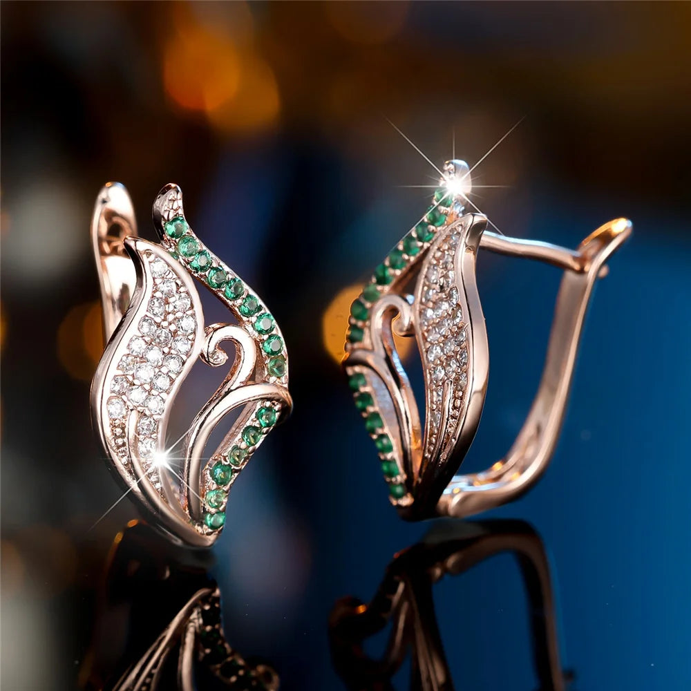 Cute Female White Green Zircon Stone Hoop Earrings Luxury Gold Color Wedding Jewelry For Women