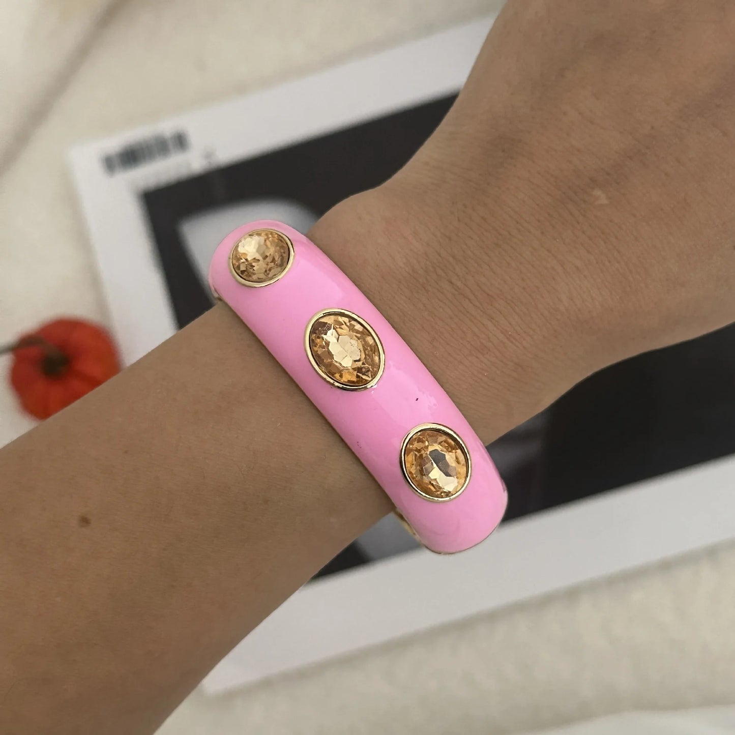 KMVEXO 3 Style Exaggeration Pink Imitation Enamaled Metal Bangles Simple Design Trendy Women's Jewelry Rhinestone Bracelets