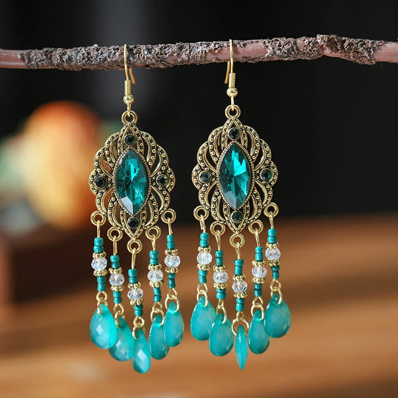 New Bohemian Ethnic Colorful Water Drop Tassel Earrings for Women Long Hollow Antique Gold Color Dangle Earring Pendientes Mujer