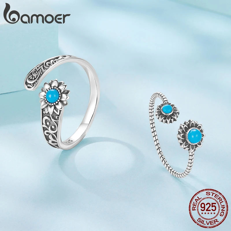 Bamoer 925 Sterling Silver Sunflower Turquoise Open Ring Adjustable Retro Oxidized Ring for Mother Birthday Gift Fine Jewelry