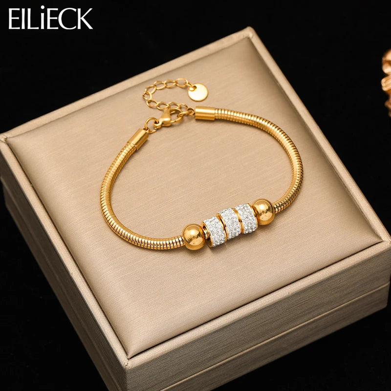 EILIECK 316L Stainless Steel Beads Rhinestones Bracelet For Women Girl New Trendy Waterproof Wrist Chain Bangles Jewelry Gift
