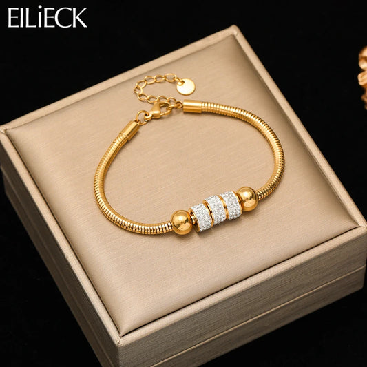 EILIECK 316L Stainless Steel Beads Rhinestones Bracelet For Women Girl New Trendy Waterproof Wrist Chain Bangles Jewelry Gift