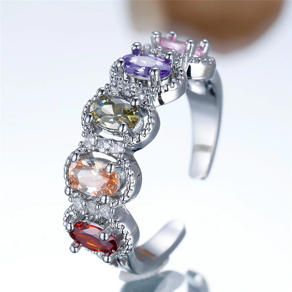 Cute Female Rainbow White Zircon Open Gold Color Wedding Rings Promise Adjustable Engagement Jewelry For Women