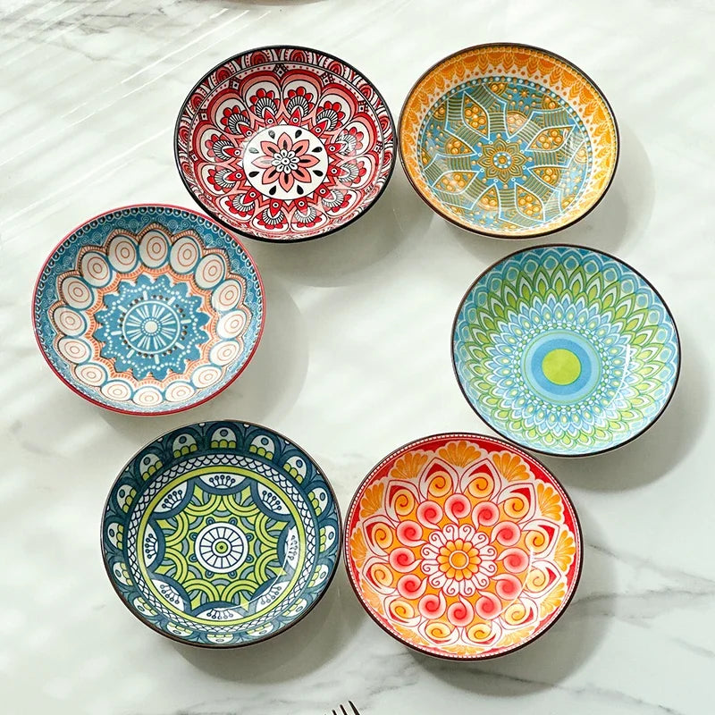6-Piece Bohemian Ceramic Plates 5.7 Inch - Creative for Breakfast/Salad/Pasta/Dessert/Appetizer, Microwave/Oven/Dishwasher Safe