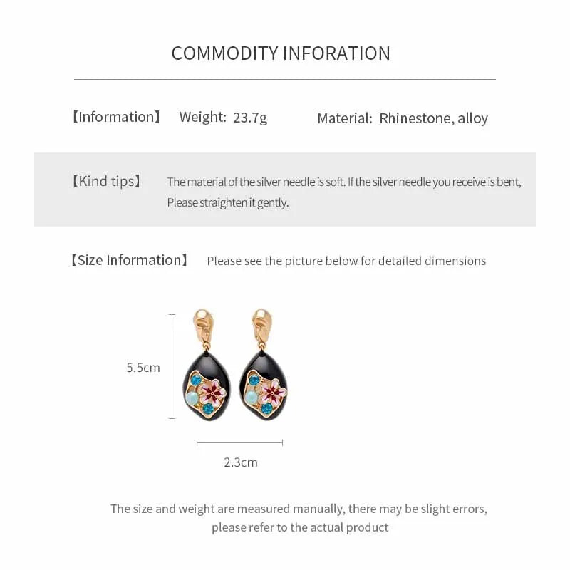 Vintage Rhinestone Enamel Flower Long Earrings Retro Style Light Luxury High Grade Exquisite Elegant Ear Jewelry for Women