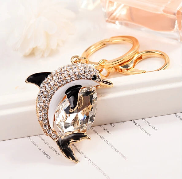 Fashion Rhinestone Crystal Metal Keychain Lovely Cartoon Marine Style Tortoise Fish Dolphin Keyring HandBag Car Pendant Gift