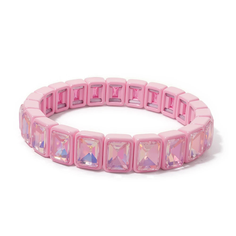 8x10mm Zirconia Enamel Bangle For Women Handmde Rainbow Color Elastic Beaded Bracelets