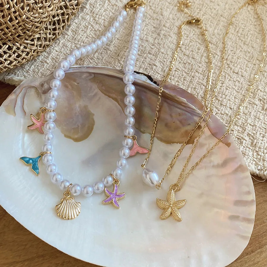3Pcs Set Trendy Sea Star Shell Pendant Pearl Chain Necklace For Women Boho Charm 2026 New Personalized Neck Jewelry Accessories