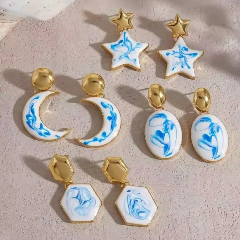 Blue White Porcelain Star Moon Oval Drop Earrings for Women Stainless Steel Gold Color Geometric Dangle Earrings Jewelry Gift