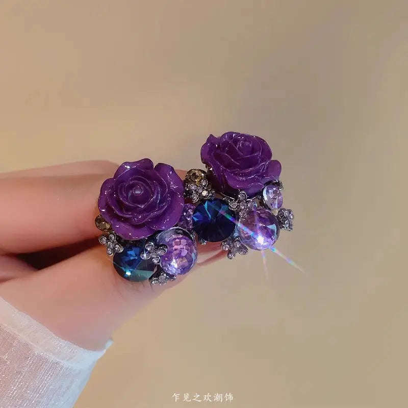 Charming Purple Crystal Flower Stud Earrings For Women Korean Fashion Romantic Rhinestone Rose Earrings Wedding Party Jewelry