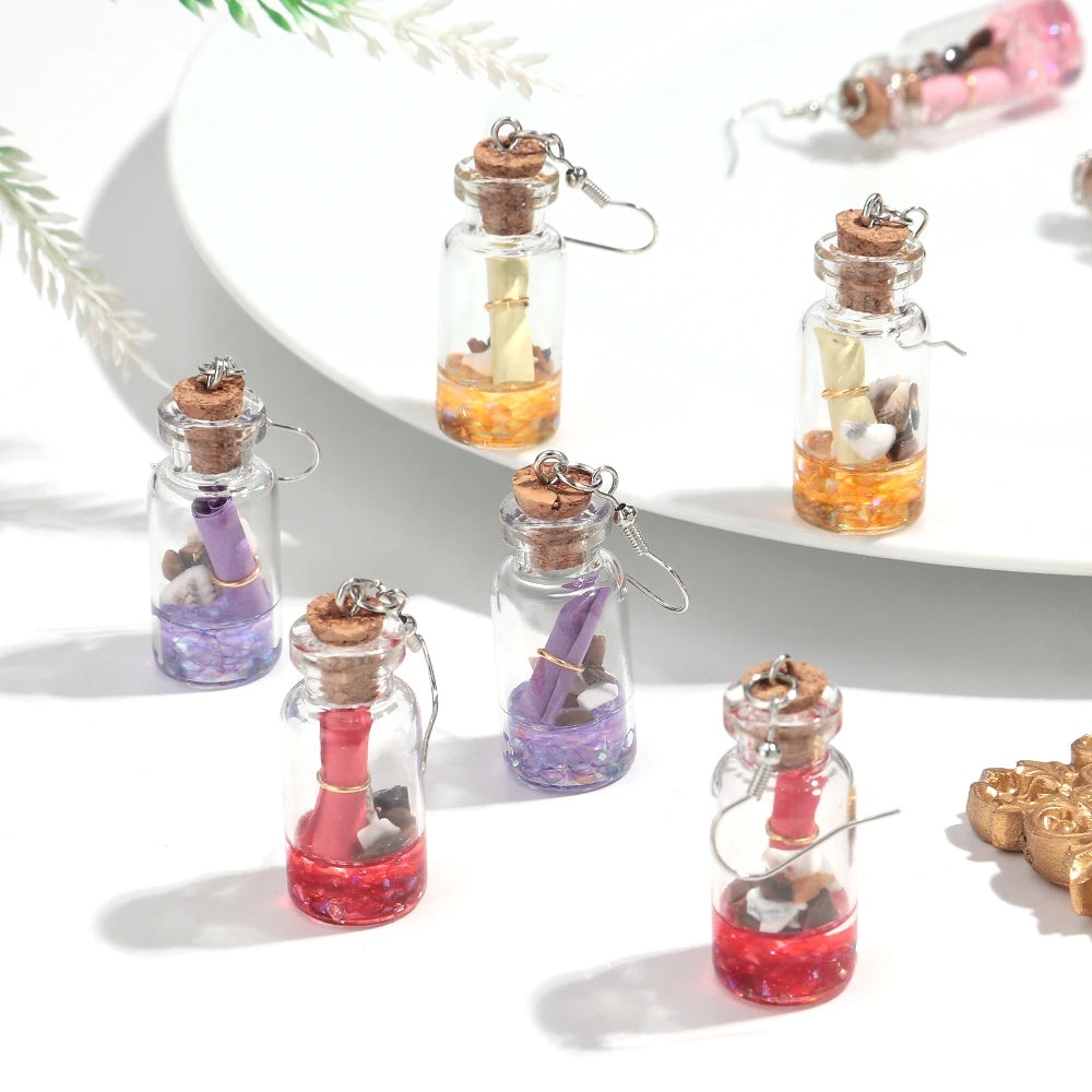 Creative Transparent Glass Drift Bottle Drop Earrings Cute Marine Animals Wish Bottle Dangle Earring Handmade Jewelry Gifts