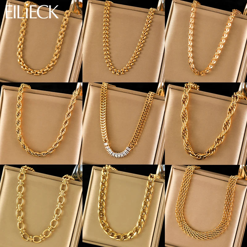 EILIECK 316L Stainless Steel Metal Charm Chain Necklace Statement Jewelry 18K PVD Plated Statement Collar Neck Chain For Women