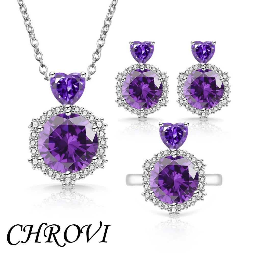 Luxury-Style 925 Sterling Silver New Color-Brightened Luxury Ring, Earrings, Necklace Women's Set