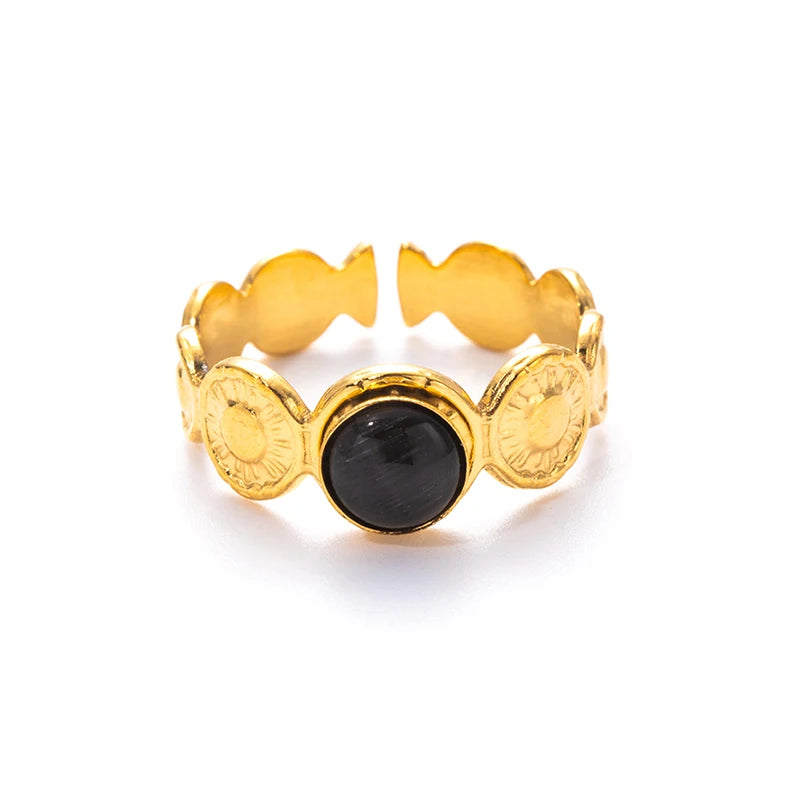 ANENJERY 316L Stainless Steel Colorful Stone Round Card Sun Open Ring for Women Men Niche Special Jewelry Gifts Wholesale
