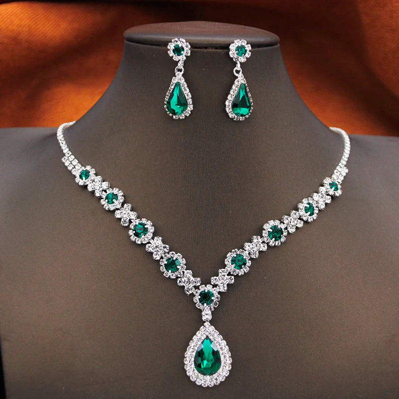 Women's Rhinestone Water Drop Bridal Jewelry Set Birthday Prom Purple Choker Necklace Earrings Wedding Bride Accessory Fashion