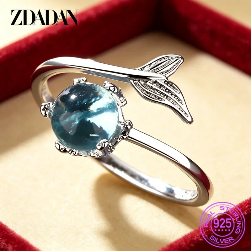 ZDADAN 925 Sterling Silver Fish Tail Crystal Open Ring For Women Girls Fashion Jewelry Gifts
