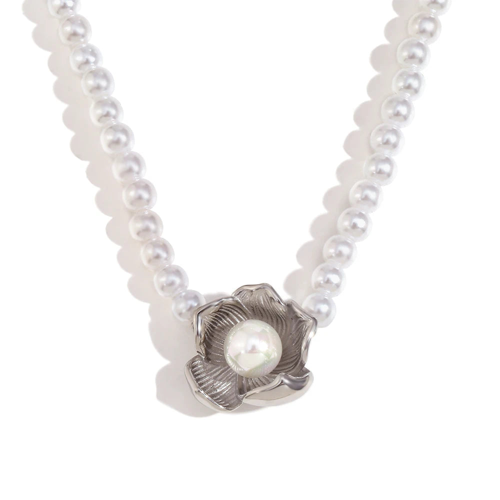 E.B.belle Imitation Pearl Flower Pendant Necklace Hypoallergenic 316L Stainless Steel Accessories 18K Gold Plated Gift