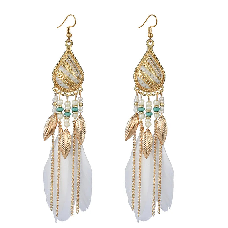 Bohemian Colorful Feather Tassel Earrings For Women Ethnic Beads Drop Statement Hanging Earrings Girls Fashion Jewelry Gift