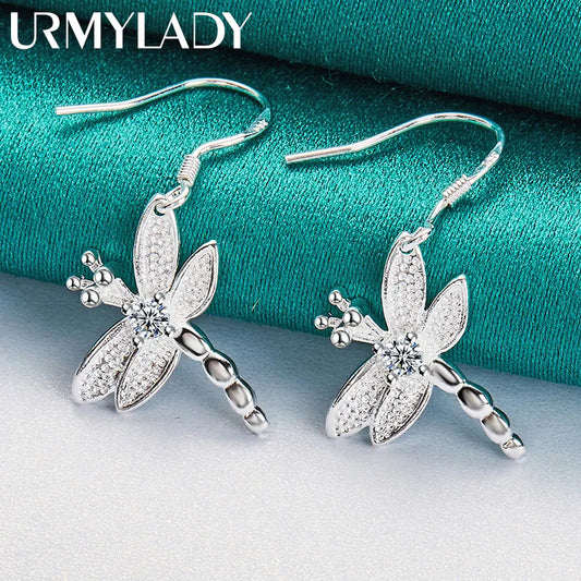 URMYLADY 925 Sterling Silver Dragonfly Zircon Earrings For Women Fashion Wedding Engagement Party Jewelry