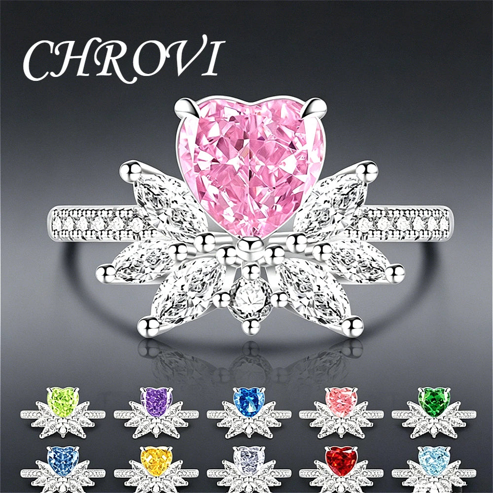 Light luxury 925sterling silver colorful gemstone ice flower ring for women,super sparkly high carbon diamond heart ring jewelry