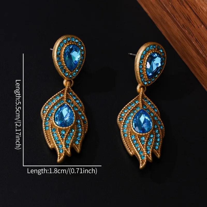 Blue Rhinestones Earrings for Women Exquisite Light Luxury Fashion Jewelry Feather-shaped Vintage Palace Style Aretes De Mujer