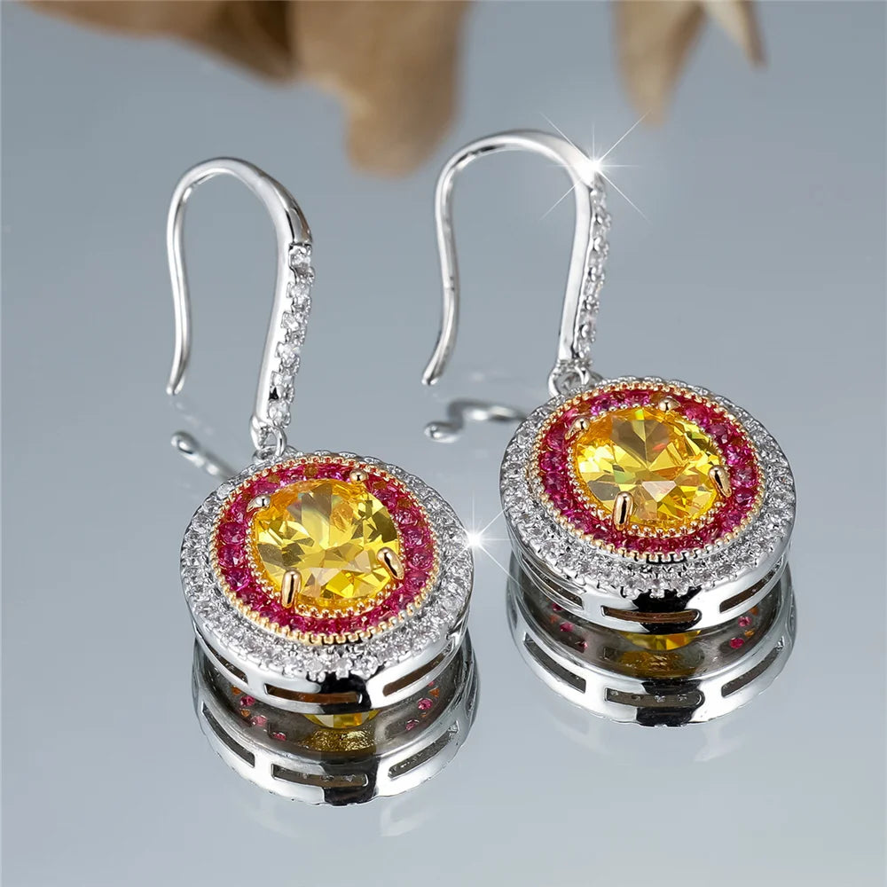 Luxury Female Big Yellow Oval Zircon Stone Drop Dangle Earrings Cute Silver Color Party Jewelry For Women
