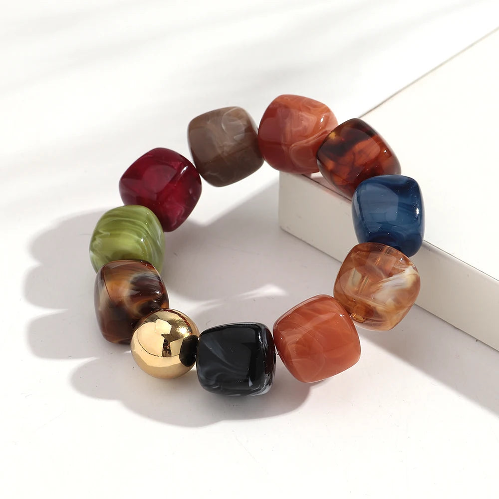 Acrylic Multicolor Irregular Beads Stretchy Bracelets Bangles for Women Resin Marbled Beaded Geometric Elastic Bracelet Jewelry