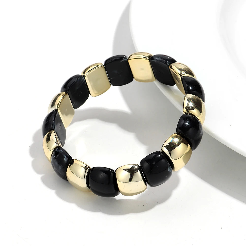 Vintage Acrylic Coloful Geometric Beads Elastic Bangle Bracelets Fashion Resin Golden CCB Bead Stackable Bracelet Women Jewelry