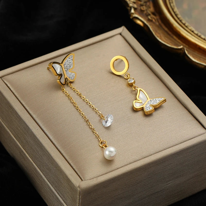EILIECK 316L Stainless Steel Zircon Feather FOREVER Pendant Earrings For Women Fashion Ear Dangle Gold-Plated Jewelry Gift