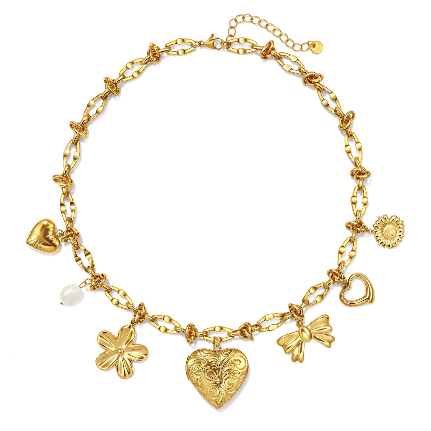 Badu Minimalist 18K Gold Plated Stainless Steel Bow Pearl Flower Heart Charm Pendant Necklace For Women Accessories Gift Holiday