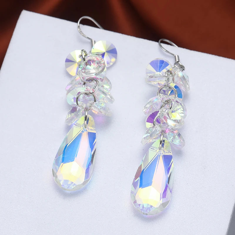 Fashion Long Tassel AB Color Crystal Dangling Earrings for Women Temperament Elegant Engagement Party Jewelry Gifts