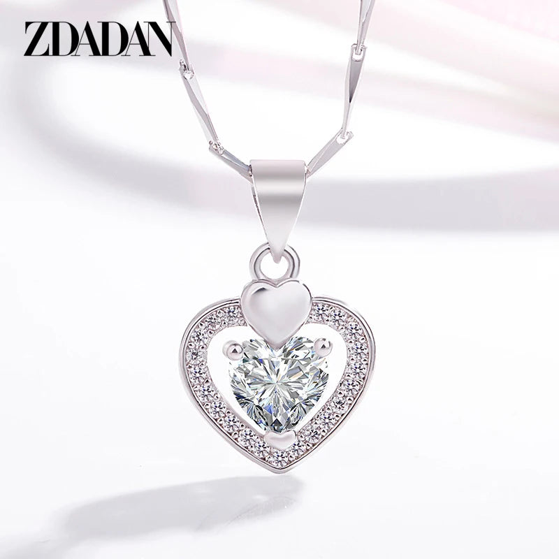 ZDADAN 925 Sterling Silver Heart Purple Crystal Pendant Necklace Chains For Women Fashion Wedding Jewelry