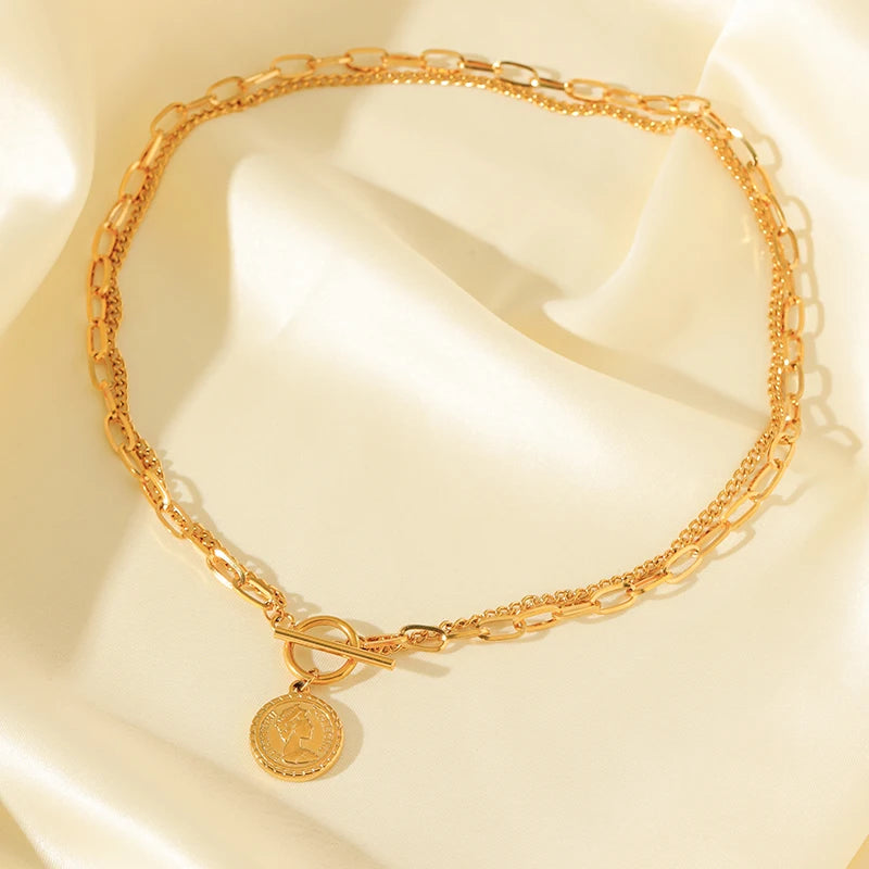 EILIECK 316L Stainless Steel Gold Color Portrait Coin Pendant Necklace For Women Fashion New Gift OT Buckle Neck Chain Jewelry