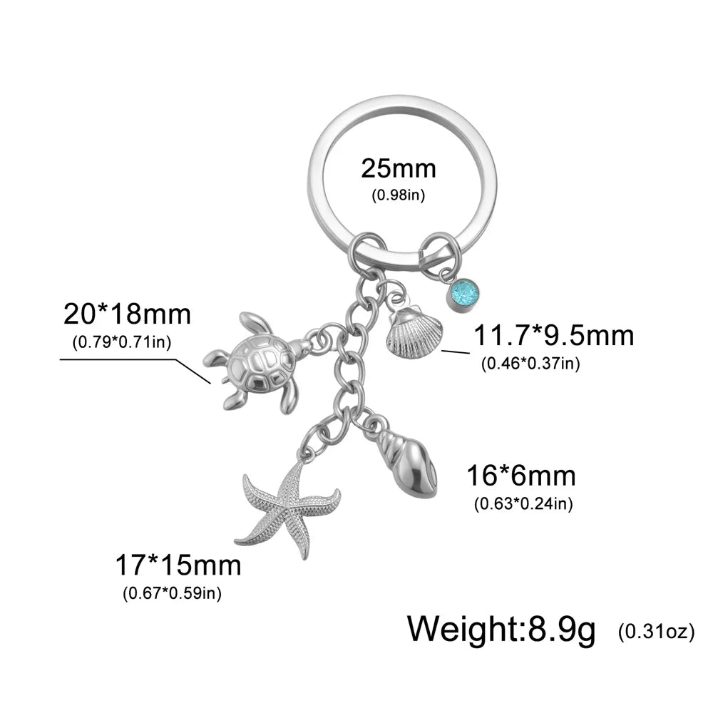 Turtle Starfish Shell Keychain Ocean Theme Stainless Steel Seashell Conch Crystal Charms Key Ring Fashion Beach Bag Holiday Gift
