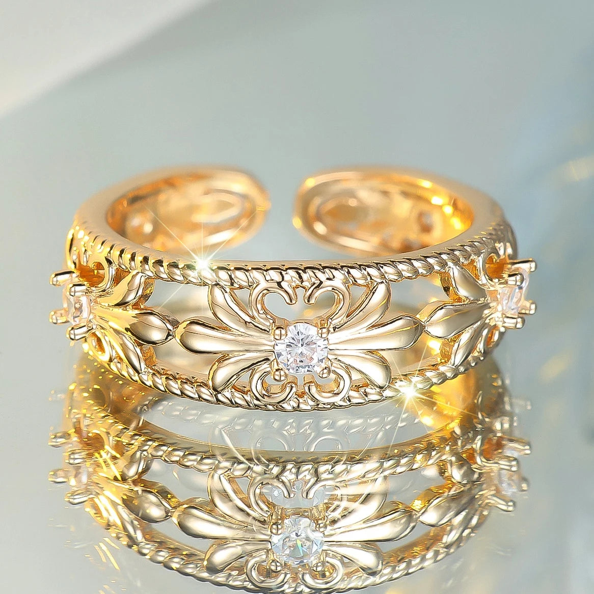 Cute Female White Zircon Flower Open Ring Gold Color Wedding Rings Promise Adjustable Engagement Jewelry For Women