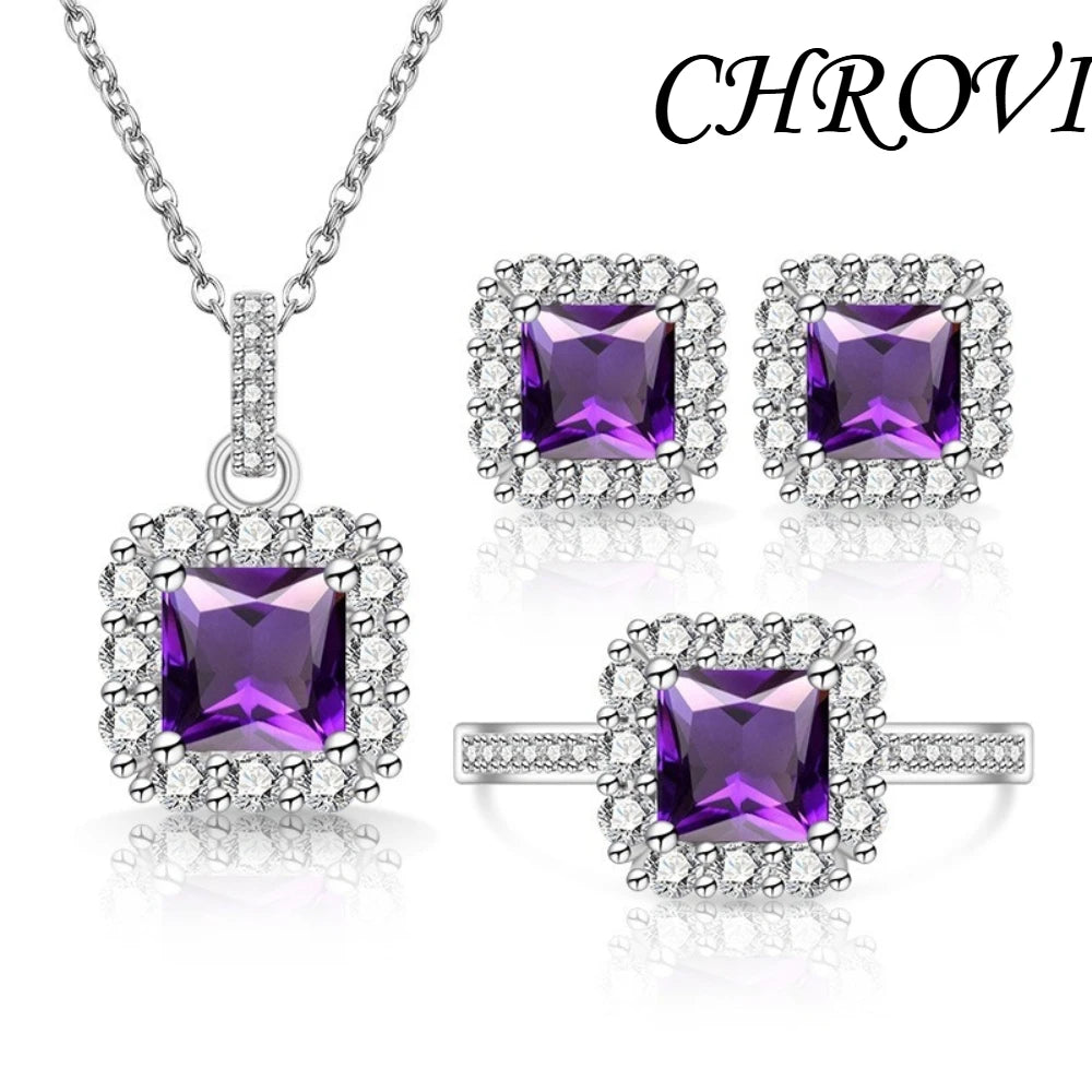 Luxury 925 Sterling Silver Gemstone Small Square Beads with Zirconia Necklace, Earrings, Ring Set and Decorative Items