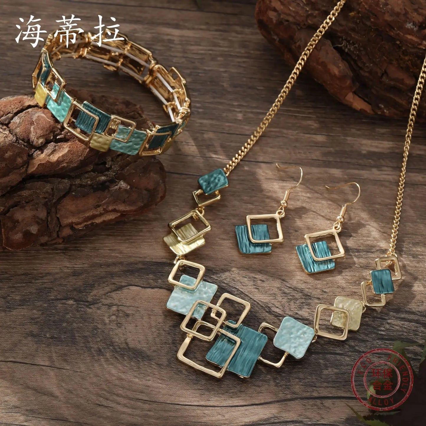 new color painting oil geometric square stud earrings bracelet necklace set, high-end women's jewelry set