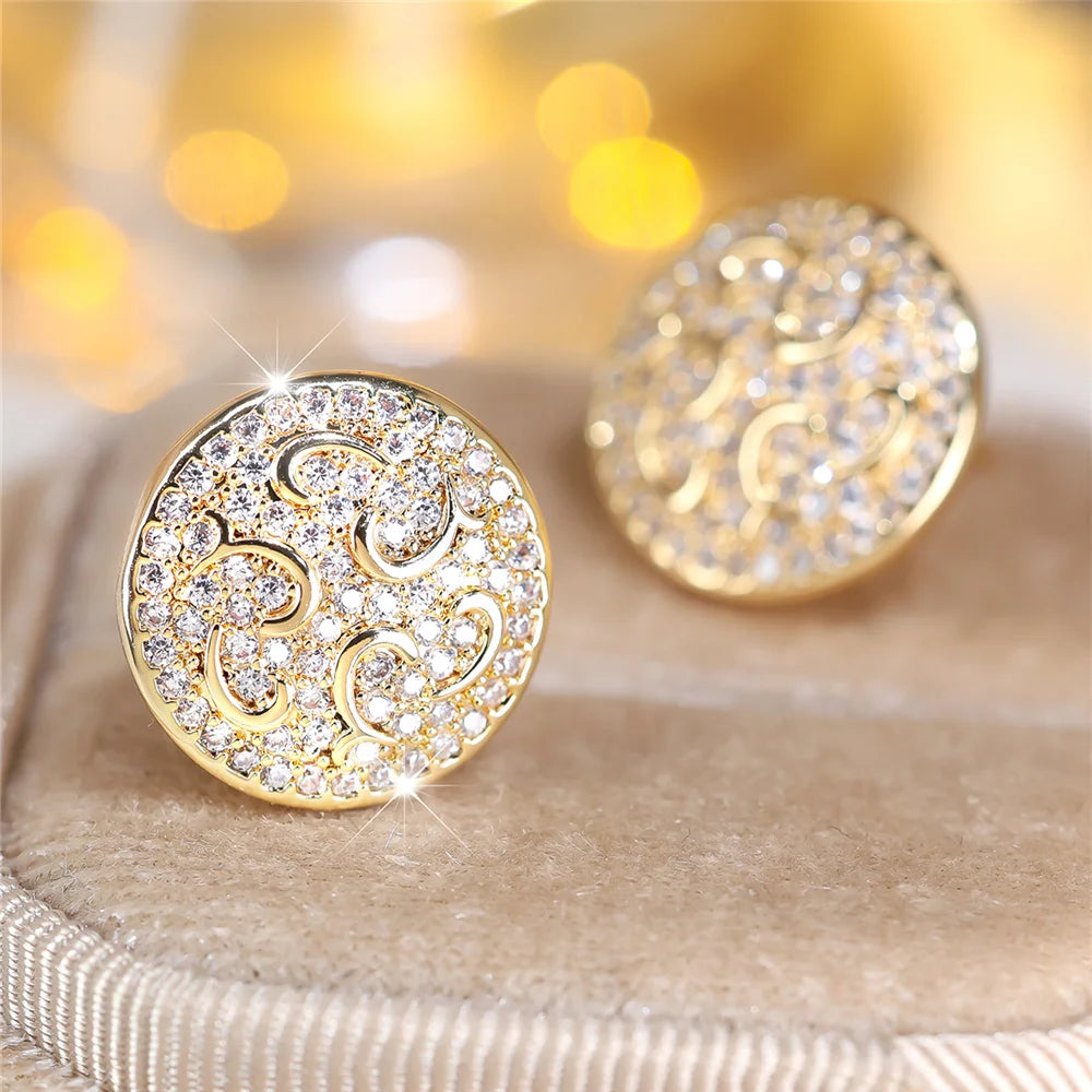Cute Female Stone White Zircon Round Stud Earrings Gold Color Wedding Jewelry For Women