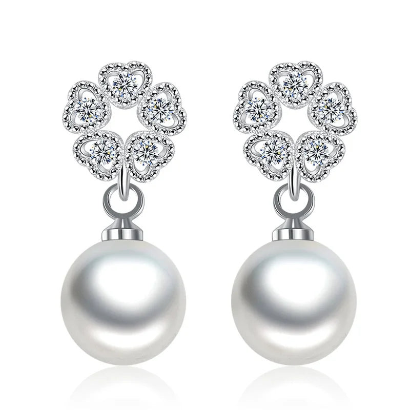 Small Love Heart Luxury Female White Pearl Zircon Stone Stud Earrings Silver Color Wedding Jewelry For Women