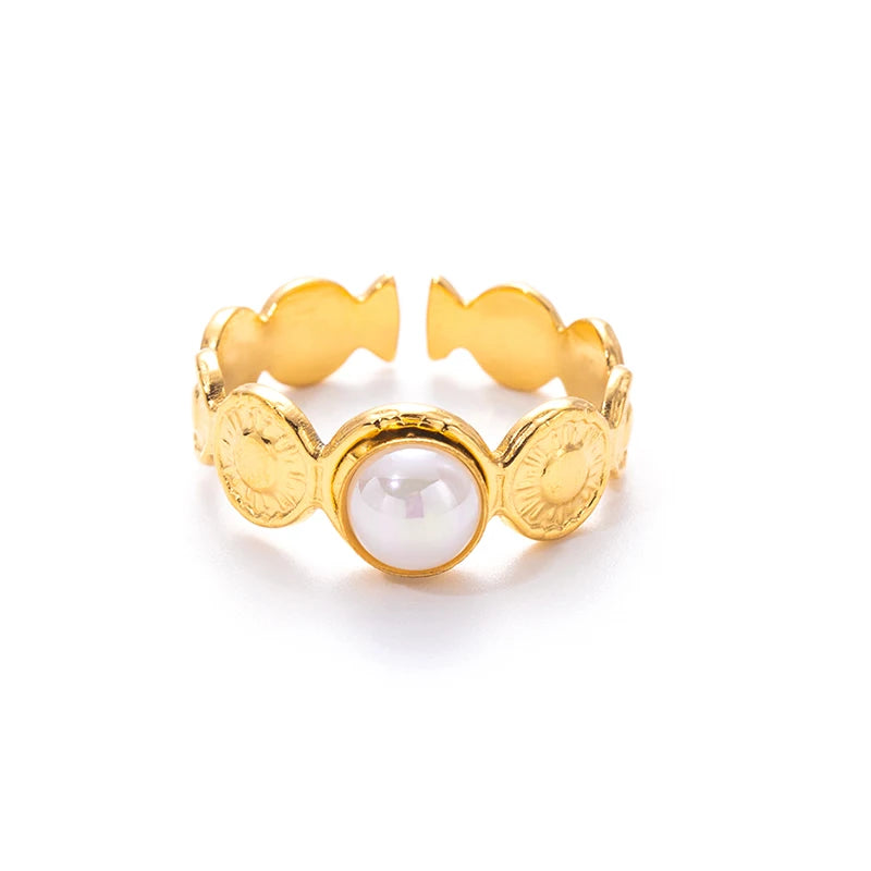 ANENJERY 316L Stainless Steel Colorful Stone Round Card Sun Open Ring for Women Men Niche Special Jewelry Gifts Wholesale